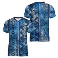 Hawaii Makahiki Turtle Women V-Neck T-Shirt Galaxy Tapa Pattern - Polynesian Pride