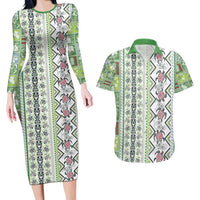 Hawaii Makahiki Turtle Couples Matching Long Sleeve Bodycon Dress and Hawaiian Shirt Green Tapa Pattern - Polynesian Pride