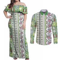 Hawaii Makahiki Turtle Couples Matching Off Shoulder Maxi Dress and Long Sleeve Button Shirt Green Tapa Pattern - Polynesian Pride