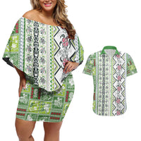 Hawaii Makahiki Turtle Couples Matching Off Shoulder Short Dress and Hawaiian Shirt Green Tapa Pattern - Polynesian Pride