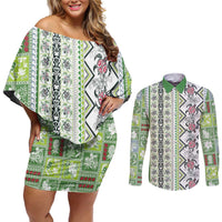 Hawaii Makahiki Turtle Couples Matching Off Shoulder Short Dress and Long Sleeve Button Shirt Green Tapa Pattern - Polynesian Pride