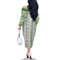 Hawaii Makahiki Turtle Family Matching Off The Shoulder Long Sleeve Dress and Hawaiian Shirt Green Tapa Pattern - Polynesian Pride