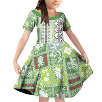 Hawaii Makahiki Turtle Family Matching Off Shoulder Short Dress and Hawaiian Shirt Green Tapa Pattern - Polynesian Pride