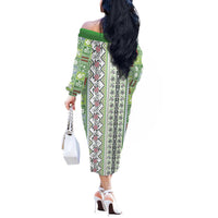 Hawaii Makahiki Turtle Off The Shoulder Long Sleeve Dress Green Tapa Pattern - Polynesian Pride