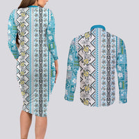 Hawaii Makahiki Turtle Couples Matching Long Sleeve Bodycon Dress and Long Sleeve Button Shirt Blue Tapa Pattern - Polynesian Pride