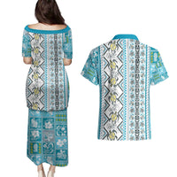 Hawaii Makahiki Turtle Couples Matching Puletasi and Hawaiian Shirt Blue Tapa Pattern LT05 - Polynesian Pride
