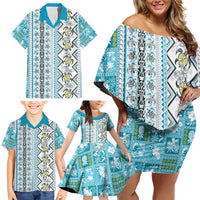 Hawaii Makahiki Turtle Family Matching Off Shoulder Short Dress and Hawaiian Shirt Blue Tapa Pattern - Polynesian Pride
