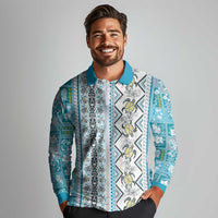 Hawaii Makahiki Turtle Long Sleeve Polo Shirt Blue Tapa Pattern - Polynesian Pride