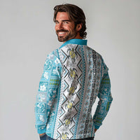 Hawaii Makahiki Turtle Long Sleeve Polo Shirt Blue Tapa Pattern - Polynesian Pride