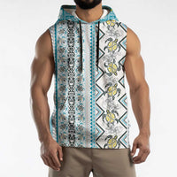 Hawaii Makahiki Turtle Sleeveless Hoodie Blue Tapa Pattern - Polynesian Pride