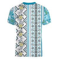 Hawaii Makahiki Turtle Women V-Neck T-Shirt Blue Tapa Pattern - Polynesian Pride