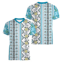 Hawaii Makahiki Turtle Women V-Neck T-Shirt Blue Tapa Pattern - Polynesian Pride