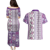 Hawaii Makahiki Turtle Couples Matching Puletasi and Hawaiian Shirt Violet Tapa Pattern - Polynesian Pride