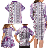 Hawaii Makahiki Turtle Family Matching Long Sleeve Bodycon Dress and Hawaiian Shirt Violet Tapa Pattern - Polynesian Pride