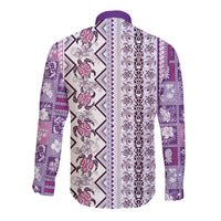 Hawaii Makahiki Turtle Long Sleeve Button Shirt Violet Tapa Pattern - Polynesian Pride