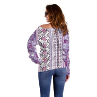 Hawaii Makahiki Turtle Off Shoulder Sweater Violet Tapa Pattern - Polynesian Pride