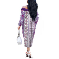 Hawaii Makahiki Turtle Off The Shoulder Long Sleeve Dress Violet Tapa Pattern - Polynesian Pride