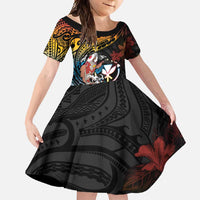 Hawaii And Japan Family Matching Long Sleeve Bodycon Dress and Hawaiian Shirt Koi Fish With Kanaka Maoli LT05 Daughter's Dress Black - Polynesian Pride