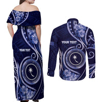 Personalised FSM Chuuk Couples Matching Off Shoulder Maxi Dress and Long Sleeve Button Shirt Ocean Floral Pattern