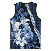 Hawaii Ukulele Basketball Jersey Tropical Flowers With Palaka Effect Blue Version - Polynesian Pride