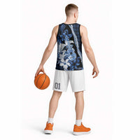Hawaii Ukulele Basketball Jersey Tropical Flowers With Palaka Effect Blue Version - Polynesian Pride