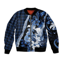Hawaii Ukulele Bomber Jacket Tropical Flowers With Palaka Effect Blue Version - Polynesian Pride