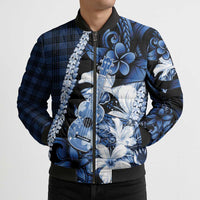 Hawaii Ukulele Bomber Puffer Jacket Tropical Flowers With Palaka Effect Blue Version - Polynesian Pride