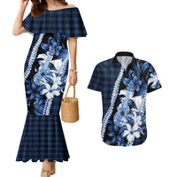 Hawaii Ukulele Couples Matching Mermaid Dress and Hawaiian Shirt Tropical Flowers With Palaka Effect Blue Version LT05 Blue - Polynesian Pride