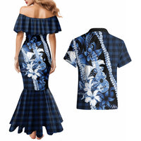 Hawaii Ukulele Couples Matching Mermaid Dress and Hawaiian Shirt Tropical Flowers With Palaka Effect Blue Version LT05 - Polynesian Pride