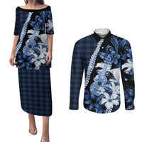 Hawaii Ukulele Couples Matching Puletasi and Long Sleeve Button Shirt Tropical Flowers With Palaka Effect Blue Version - Polynesian Pride