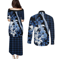 Hawaii Ukulele Couples Matching Puletasi and Long Sleeve Button Shirt Tropical Flowers With Palaka Effect Blue Version - Polynesian Pride