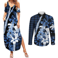Hawaii Ukulele Couples Matching Summer Maxi Dress and Long Sleeve Button Shirt Tropical Flowers With Palaka Effect Blue Version LT05 Blue - Polynesian Pride