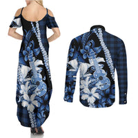 Hawaii Ukulele Couples Matching Summer Maxi Dress and Long Sleeve Button Shirt Tropical Flowers With Palaka Effect Blue Version LT05 - Polynesian Pride