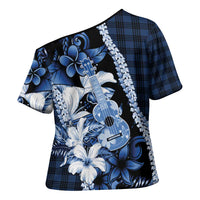 Hawaii Ukulele Cross Shoulder Shirt Tropical Flowers With Palaka Effect Blue Version - Polynesian Pride