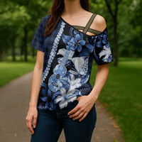 Hawaii Ukulele Cross Shoulder Shirt Tropical Flowers With Palaka Effect Blue Version - Polynesian Pride