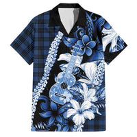 Hawaii Ukulele Family Matching Long Sleeve Bodycon Dress and Hawaiian Shirt Tropical Flowers With Palaka Effect Blue Version - Polynesian Pride