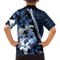 Hawaii Ukulele Family Matching Mermaid Dress and Hawaiian Shirt Tropical Flowers With Palaka Effect Blue Version - Polynesian Pride
