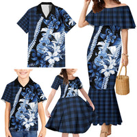 Hawaii Ukulele Family Matching Mermaid Dress and Hawaiian Shirt Tropical Flowers With Palaka Effect Blue Version - Polynesian Pride