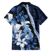 Hawaii Ukulele Family Matching Off The Shoulder Long Sleeve Dress and Hawaiian Shirt Tropical Flowers With Palaka Effect Blue Version - Polynesian Pride