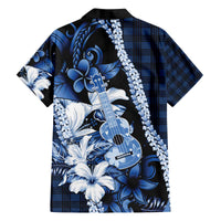 Hawaii Ukulele Family Matching Off The Shoulder Long Sleeve Dress and Hawaiian Shirt Tropical Flowers With Palaka Effect Blue Version - Polynesian Pride