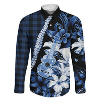 Hawaii Ukulele Family Matching Off The Shoulder Long Sleeve Dress and Hawaiian Shirt Tropical Flowers With Palaka Effect Blue Version - Polynesian Pride
