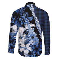 Hawaii Ukulele Family Matching Off The Shoulder Long Sleeve Dress and Hawaiian Shirt Tropical Flowers With Palaka Effect Blue Version - Polynesian Pride