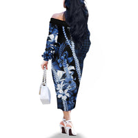 Hawaii Ukulele Family Matching Off The Shoulder Long Sleeve Dress and Hawaiian Shirt Tropical Flowers With Palaka Effect Blue Version - Polynesian Pride