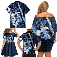 Hawaii Ukulele Family Matching Off Shoulder Short Dress and Hawaiian Shirt Tropical Flowers With Palaka Effect Blue Version - Polynesian Pride