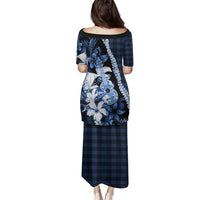 Hawaii Ukulele Family Matching Puletasi and Hawaiian Shirt Tropical Flowers With Palaka Effect Blue Version - Polynesian Pride