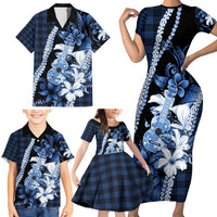 Hawaii Ukulele Family Matching Short Sleeve Bodycon Dress and Hawaiian Shirt Tropical Flowers With Palaka Effect Blue Version - Polynesian Pride