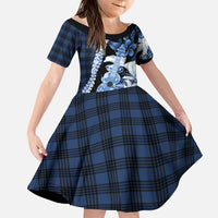 Hawaii Ukulele Family Matching Summer Maxi Dress and Hawaiian Shirt Tropical Flowers With Palaka Effect Blue Version - Polynesian Pride