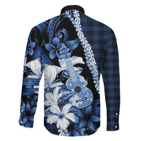Hawaii Ukulele Family Matching Summer Maxi Dress and Hawaiian Shirt Tropical Flowers With Palaka Effect Blue Version - Polynesian Pride
