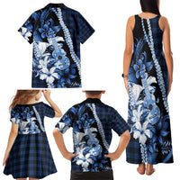 Hawaii Ukulele Family Matching Tank Maxi Dress and Hawaiian Shirt Tropical Flowers With Palaka Effect Blue Version - Polynesian Pride