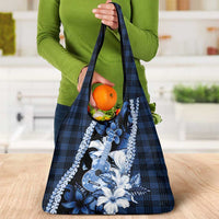 Hawaii Ukulele Grocery Bag Tropical Flowers With Palaka Effect Blue Version - Polynesian Pride